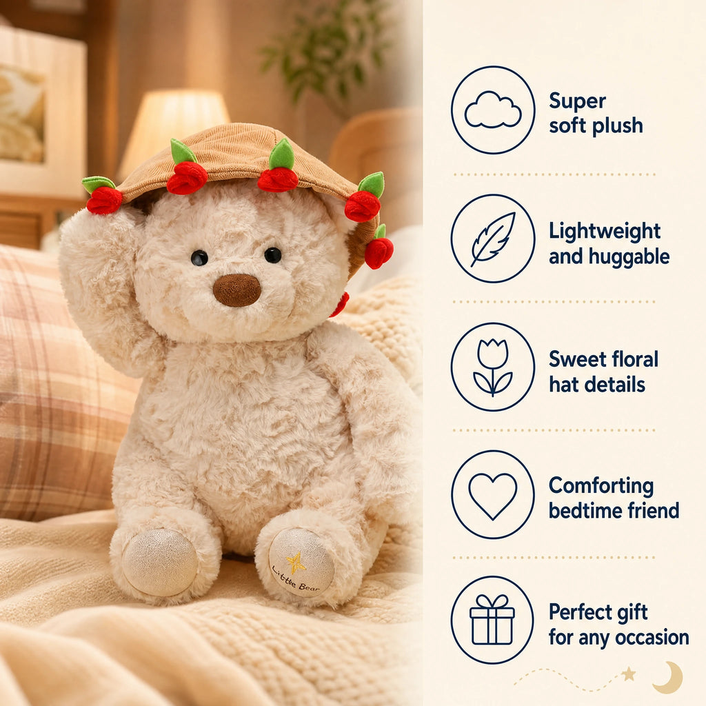 Rose Bear Plush with Removable Flower Bouquet Hat - Bénéfices produit