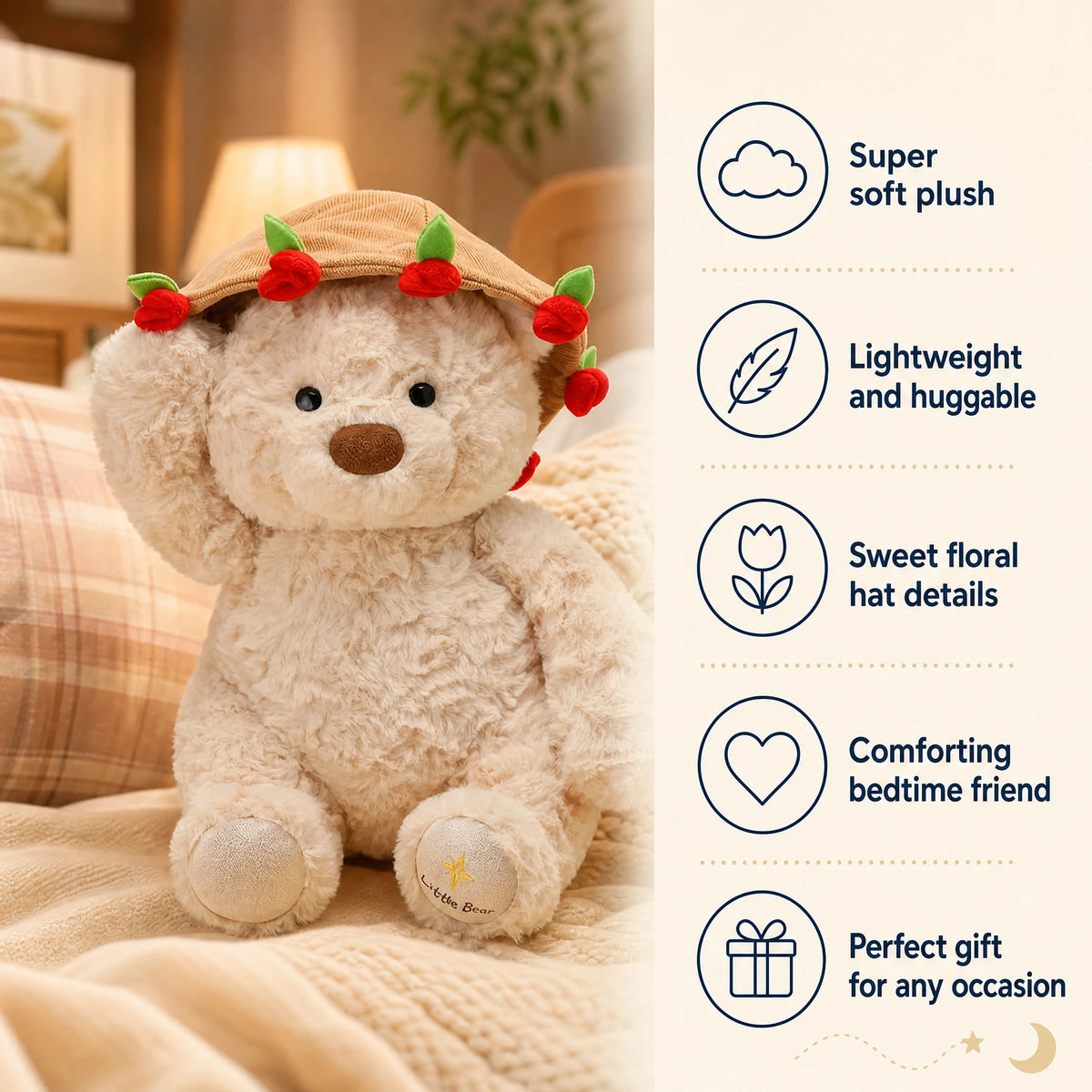 Rose Bear Plush with Removable Flower Bouquet Hat - Bénéfices produit