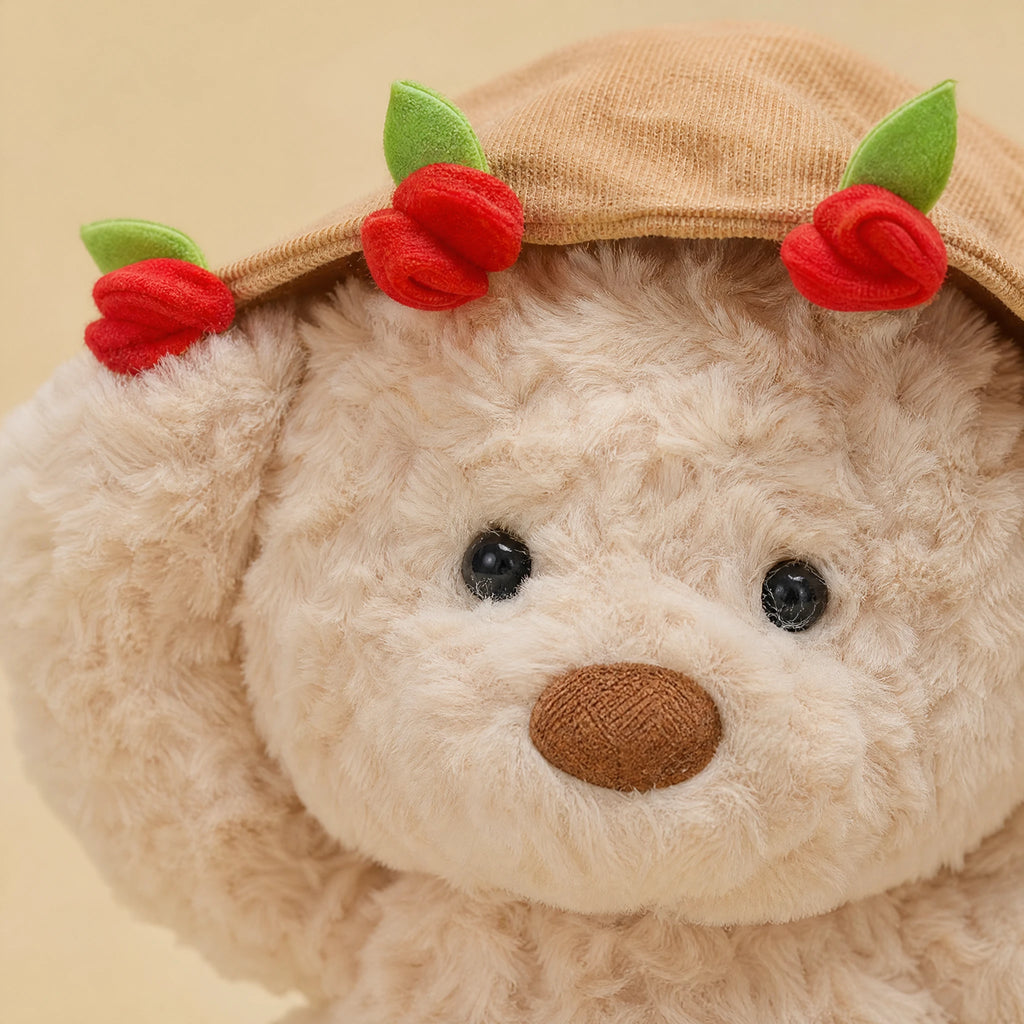 Rose Bear Plush with Removable Flower Bouquet Hat - Détail matière