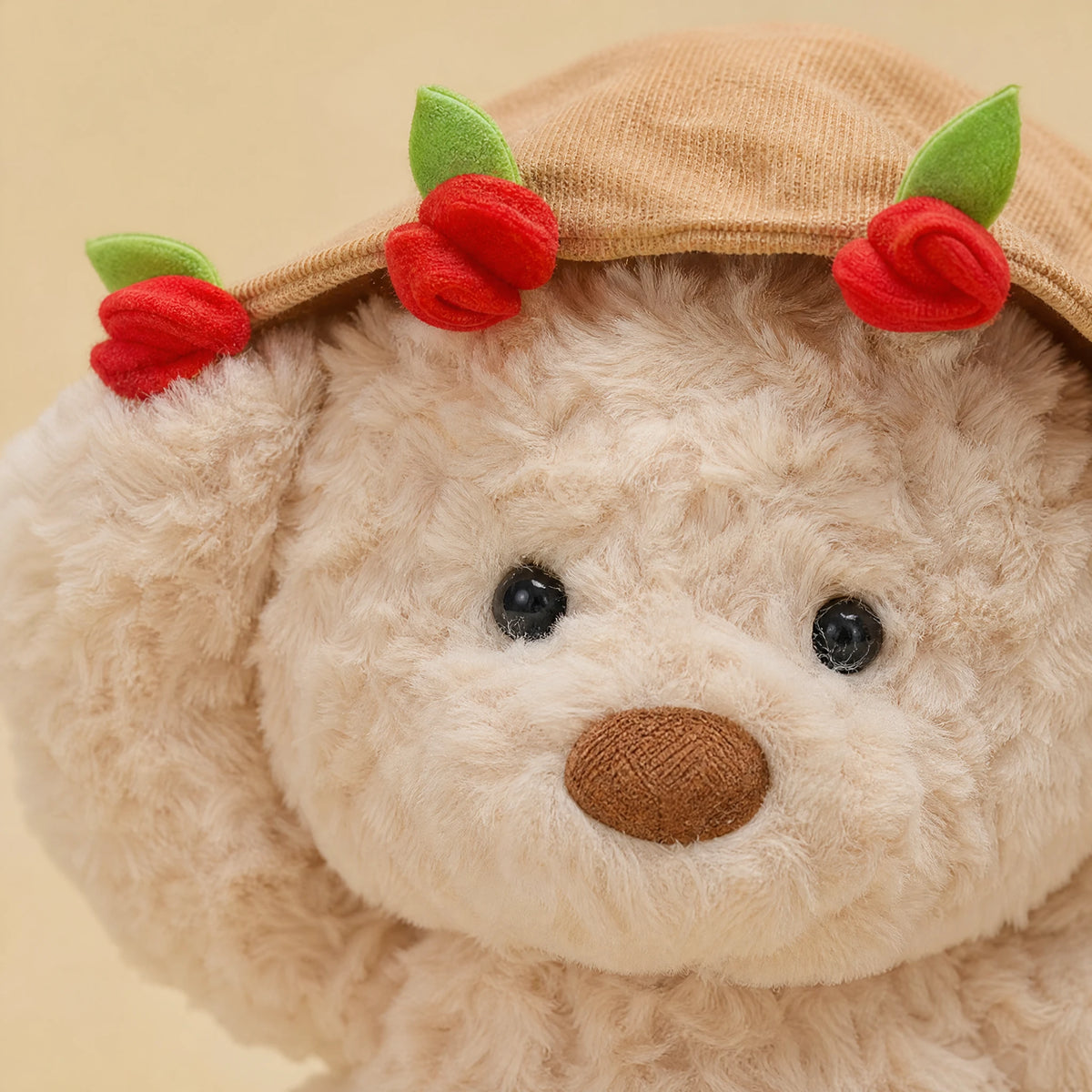 Rose Bear Plush with Removable Flower Bouquet Hat - Détail matière