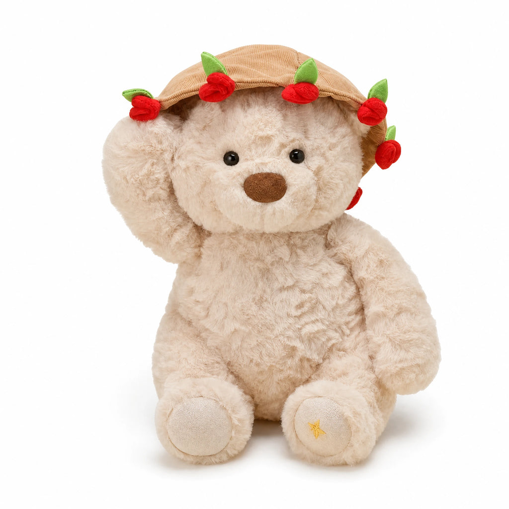 Rose Bear Plush with Removable Flower Bouquet Hat - Fond blanc