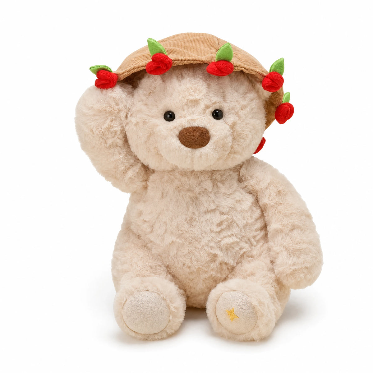 Rose Bear Plush with Removable Flower Bouquet Hat - Fond blanc