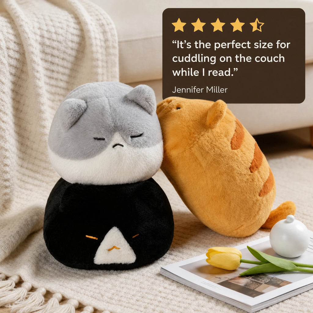 Round Cat Plush, Stackable Squishy Pillow Design - Image témoignage