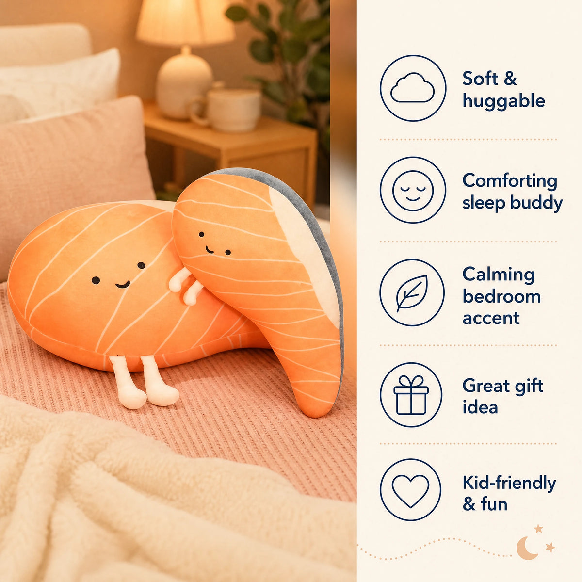 Salmon Plush Pillow with Cute Smiling Face Design - Bénéfices produit