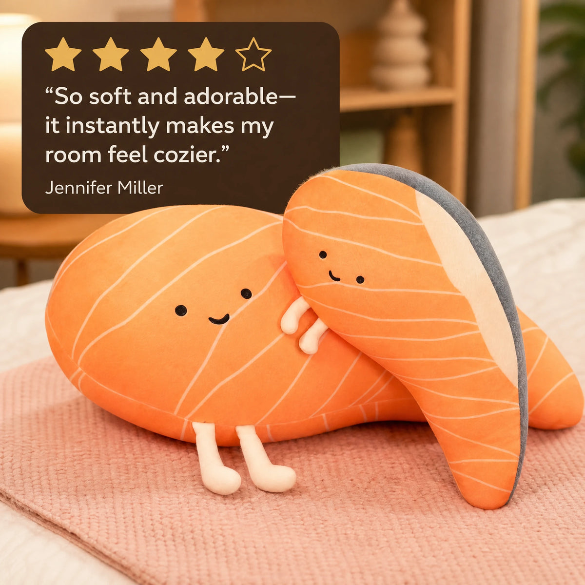 Salmon Plush Pillow with Cute Smiling Face Design - Image témoignage