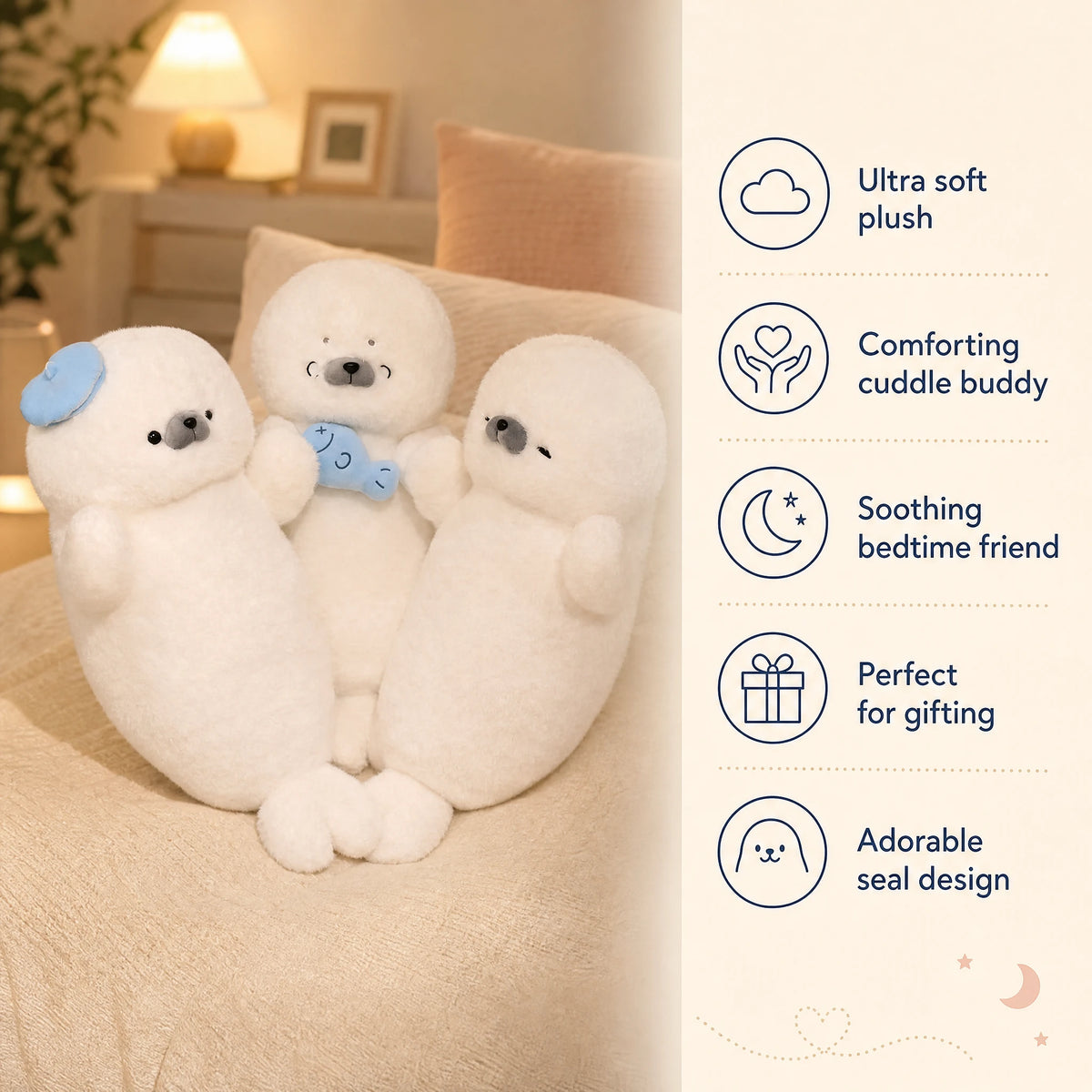 Seal Plush Toy – Round White Body with Sleepy Expression - Bénéfices produit