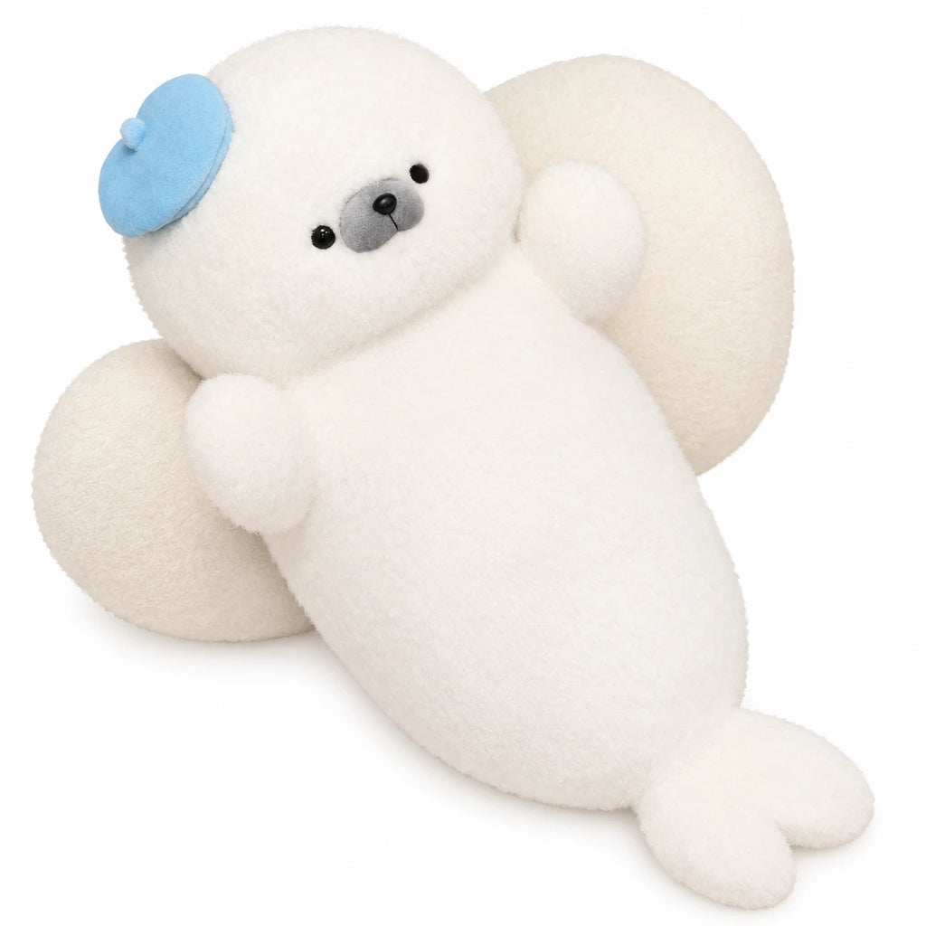 Seal Plush Toy – Round White Body with Sleepy Expression - Blue hat