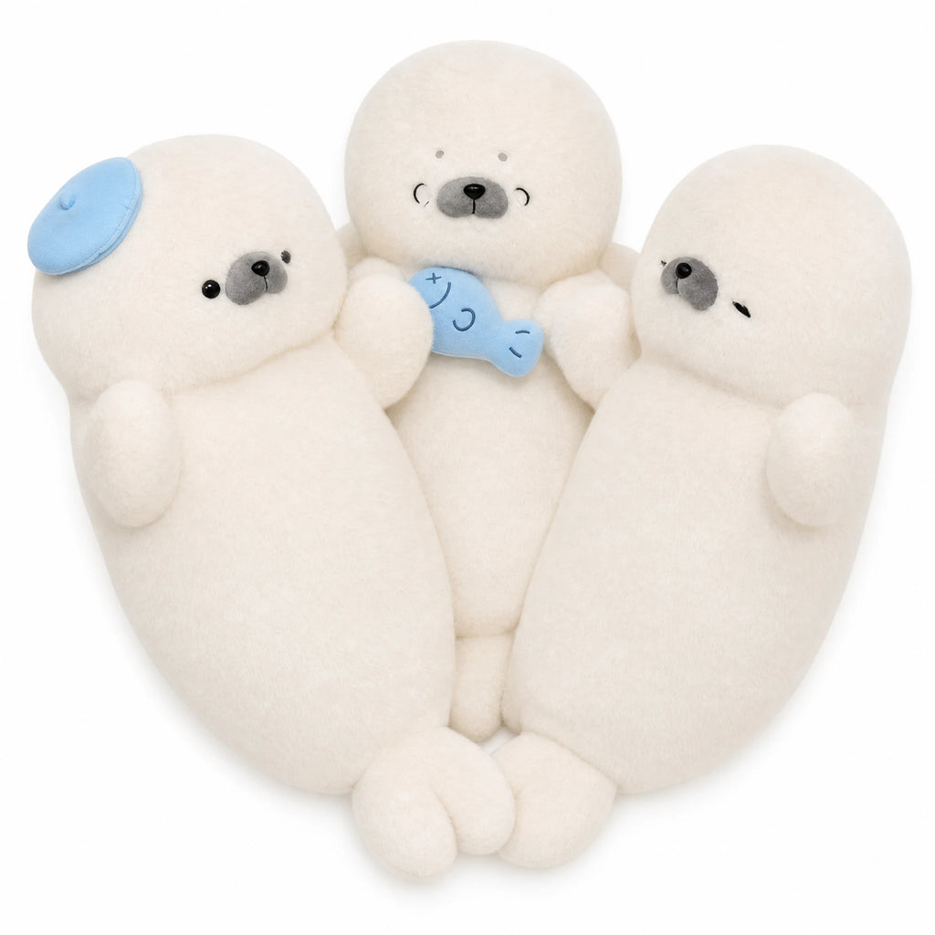 Seal Plush Toy – Round White Body with Sleepy Expression - Fond blanc