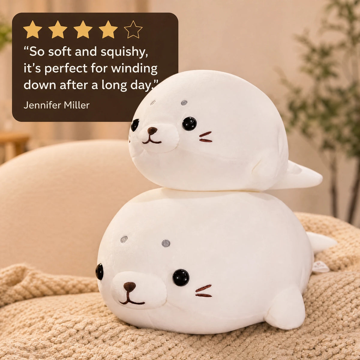 Seal Plush Toy with Chubby Round Body and Soft White Coat - Image témoignage