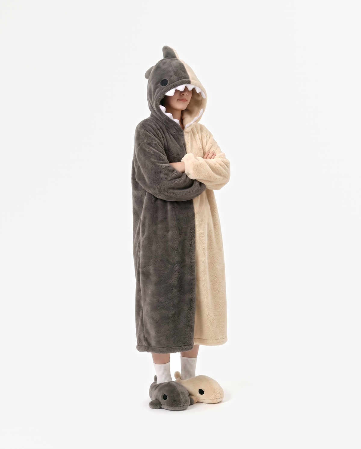 Shark Hooded Robe, arms crossed