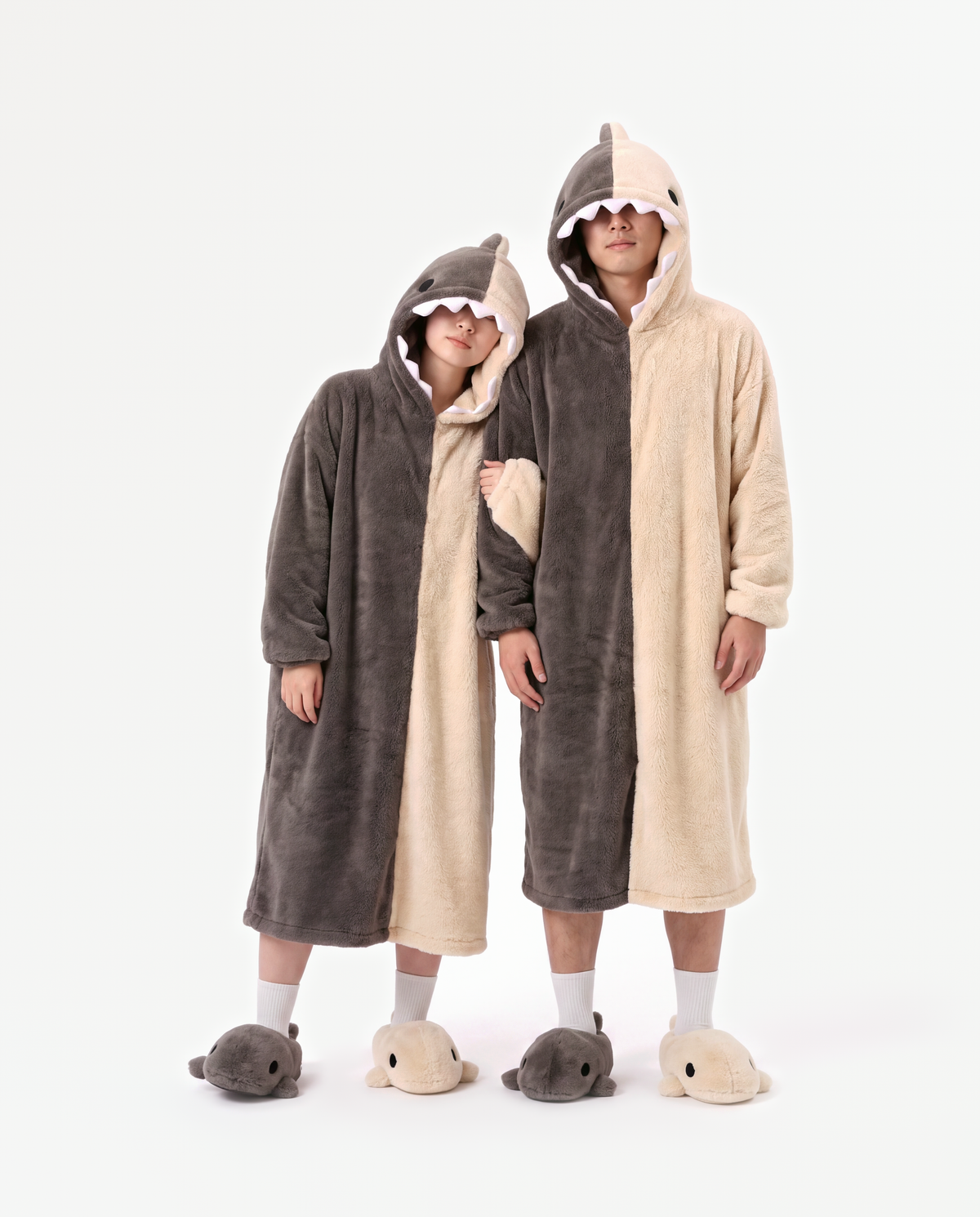 Shark Hooded Robe, two people in matching costumes strolling