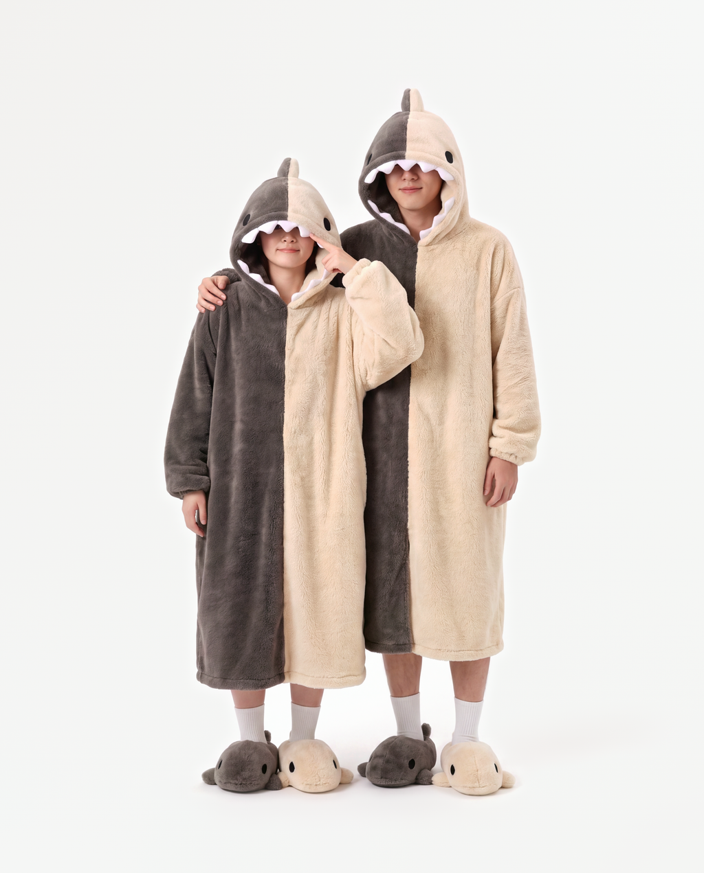 Shark Hooded Robe, two people in matching costumes arm around the shoulders