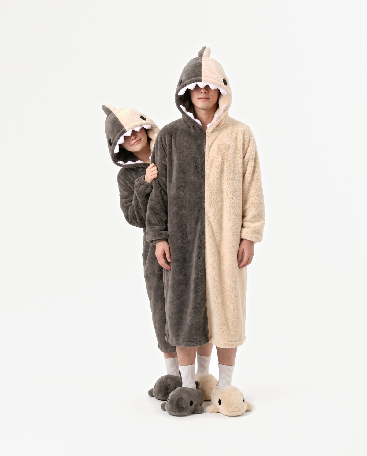 Shark Hooded Robe, two people in matching costumes playing peek-a-boo