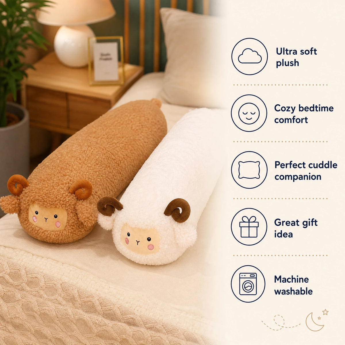 Sheep Body Pillow with Curled Horns and Soft Fleece - Bénéfices produit