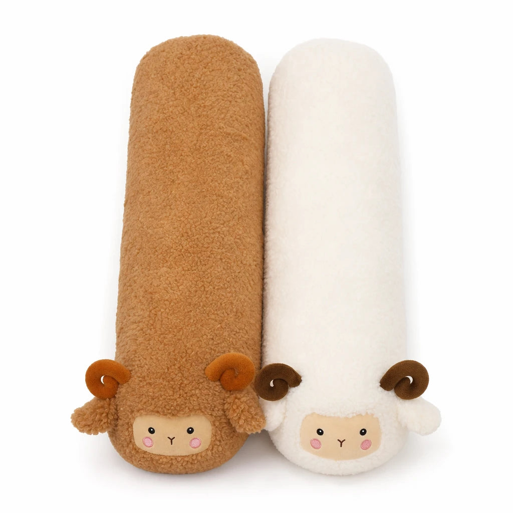 Sheep Body Pillow with Curled Horns and Soft Fleece - Fond blanc