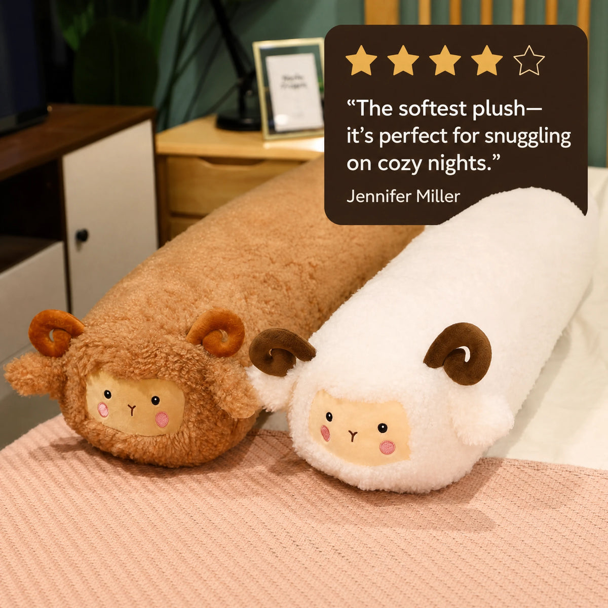 Sheep Body Pillow with Curled Horns and Soft Fleece - Image témoignage
