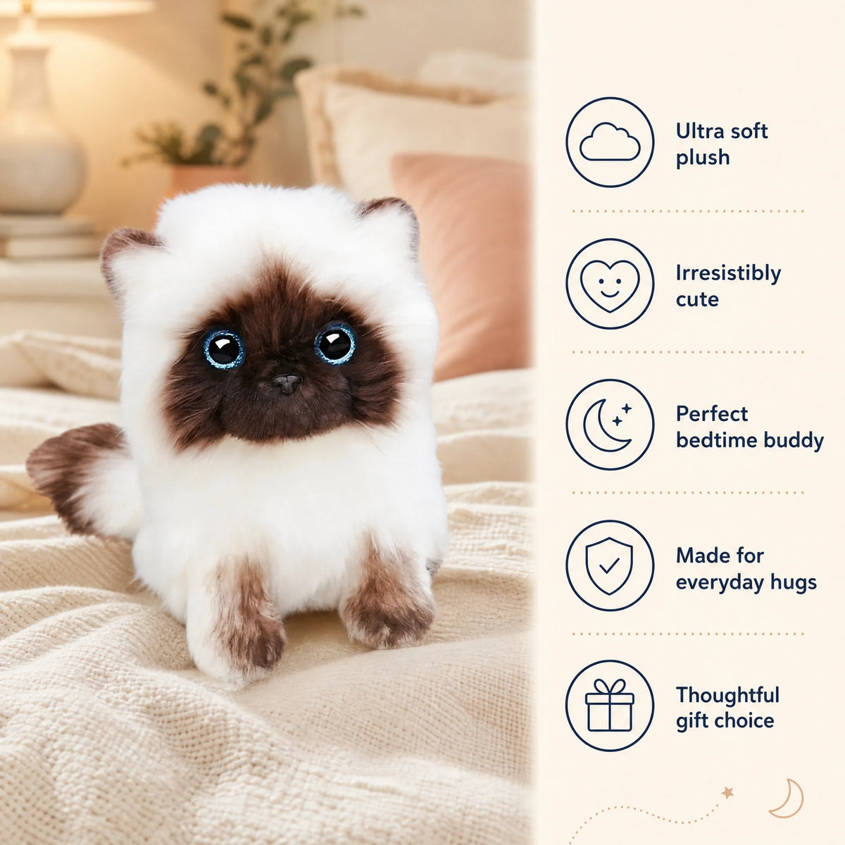Siamese Cat Plush with Blue Eyes and Cream-Brown Fur - Bénéfices produit