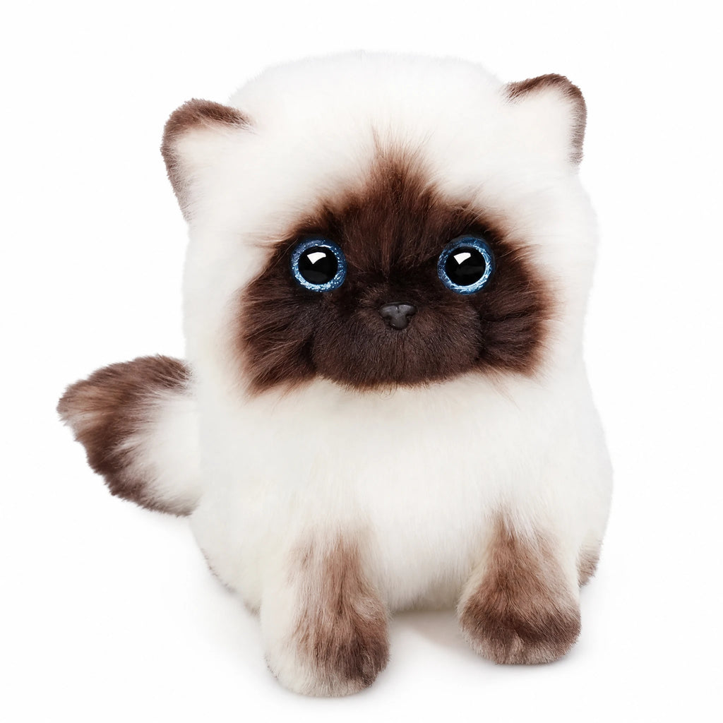 Siamese Cat Plush with Blue Eyes and Cream-Brown Fur - Fond blanc