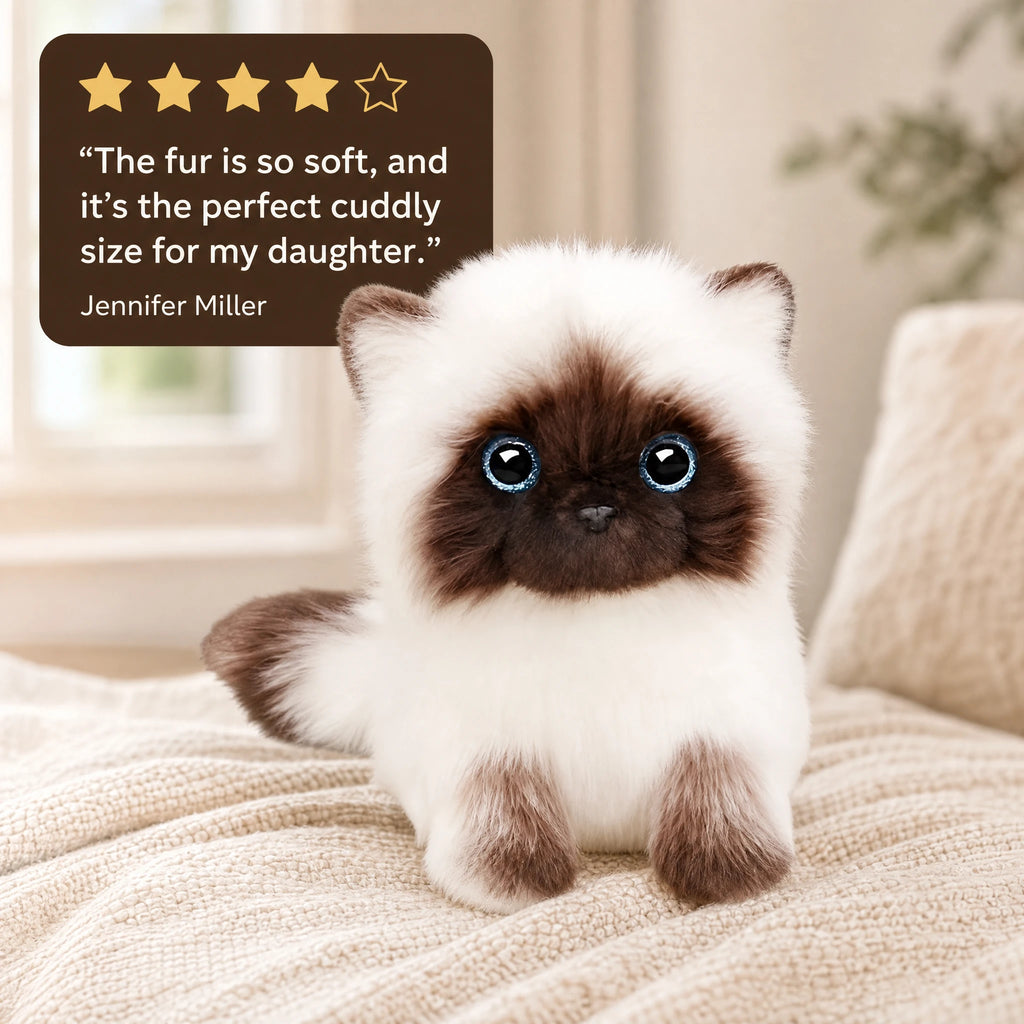 Siamese Cat Plush with Blue Eyes and Cream-Brown Fur - Image témoignage