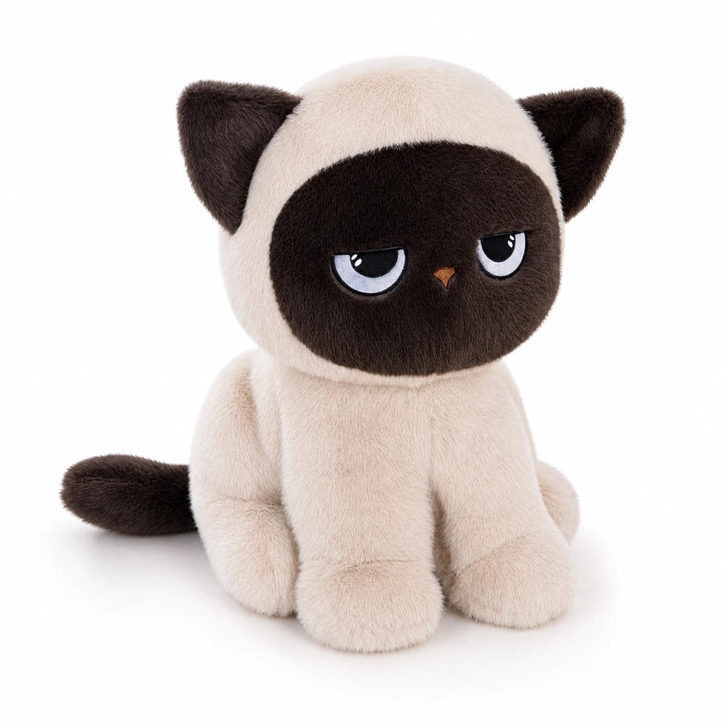 Siamese Cat Plush with Grumpy Expression and Soft Fur - Fond blanc
