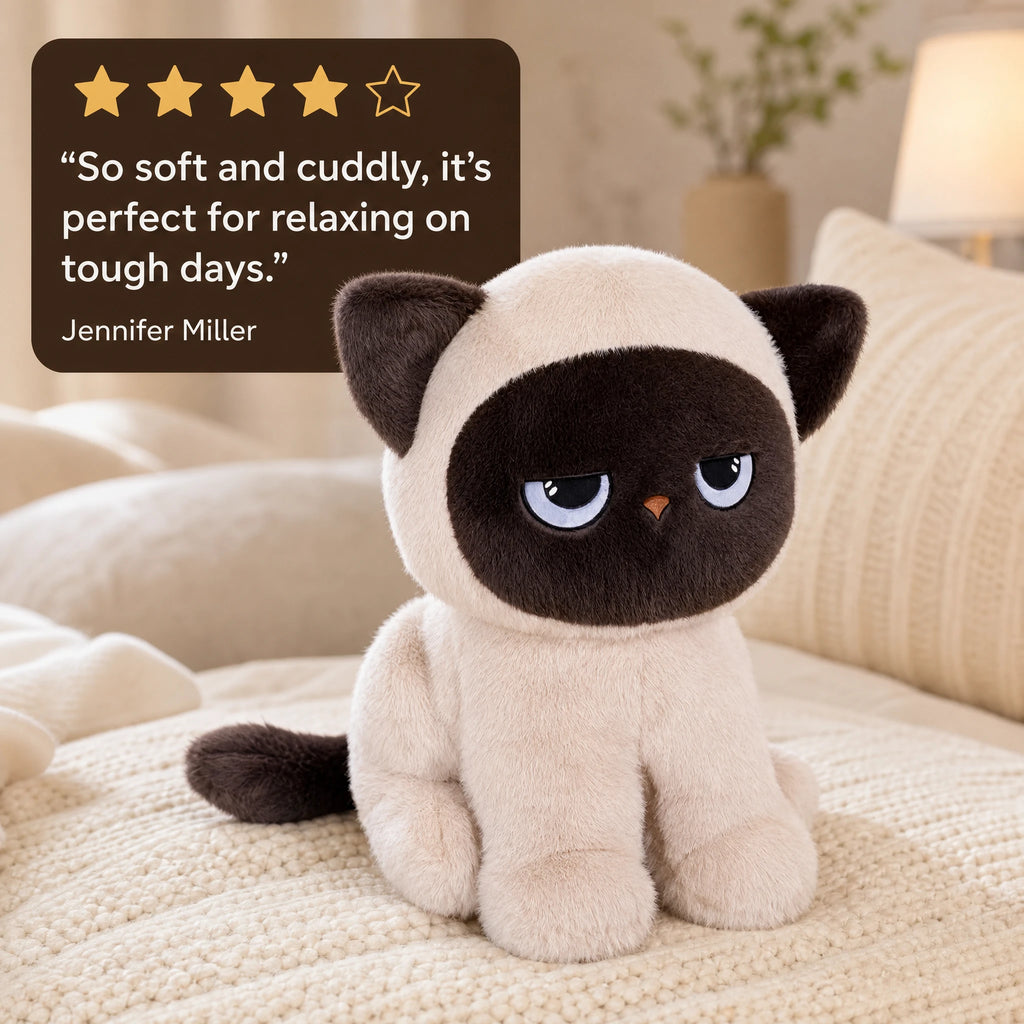 Siamese Cat Plush with Grumpy Expression and Soft Fur - Image témoignage
