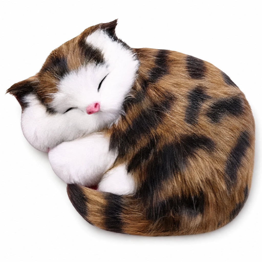 Sleeping Cat Plush with Brown Tabby Pattern - Fond blanc