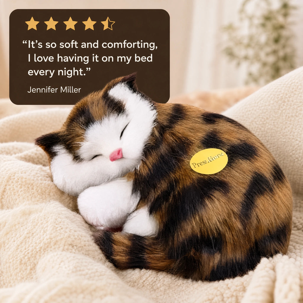 Sleeping Cat Plush with Brown Tabby Pattern - Image témoignage