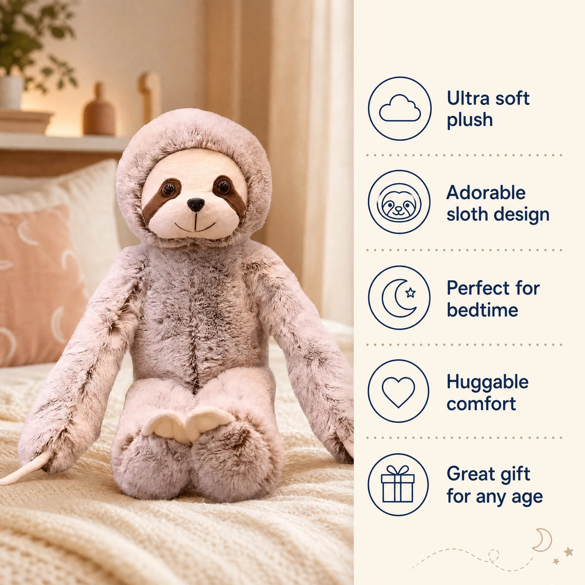 Sloth Plush with Long Hugging Arms in Soft Brown Fur - Bénéfices produit