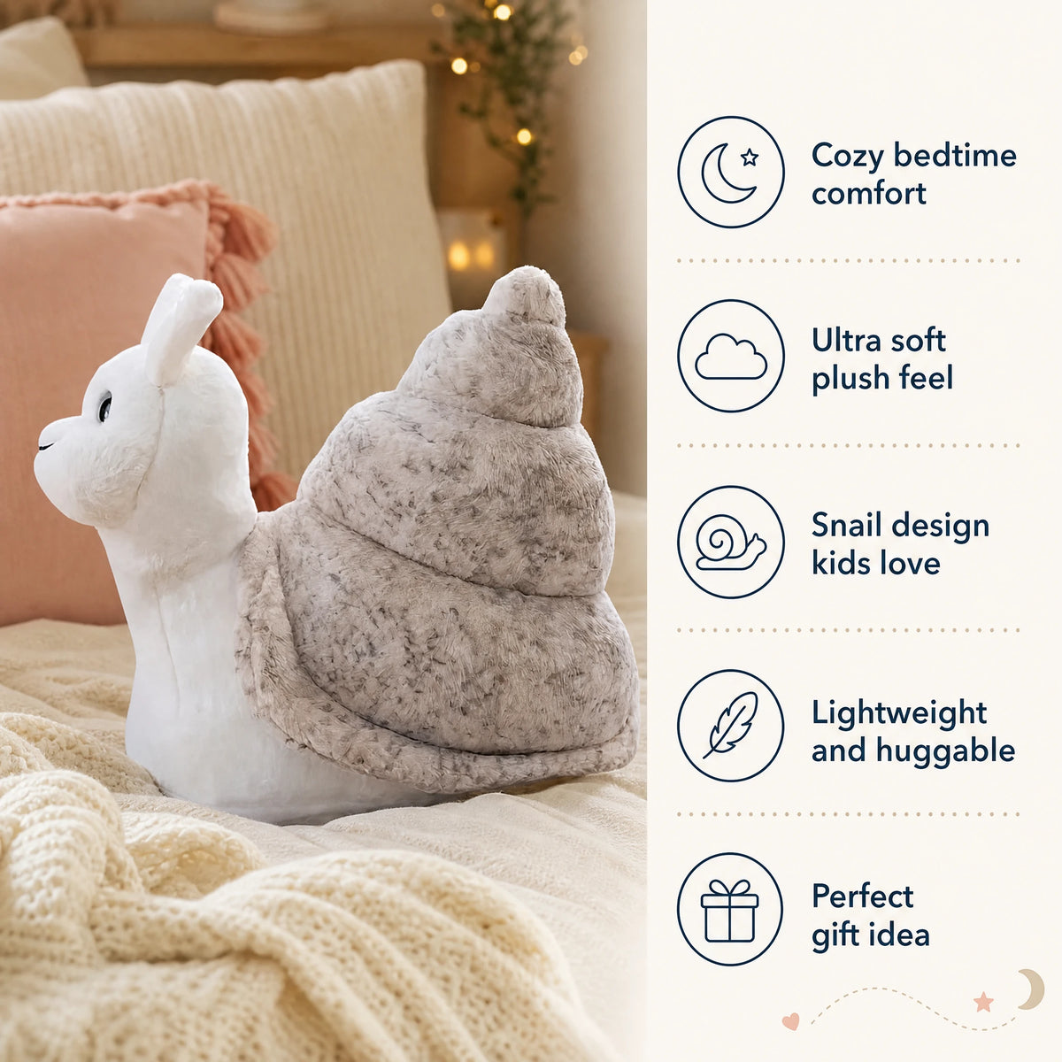 Snail Plush Toy with Textured Shell and Smiling Face - Bénéfices produit