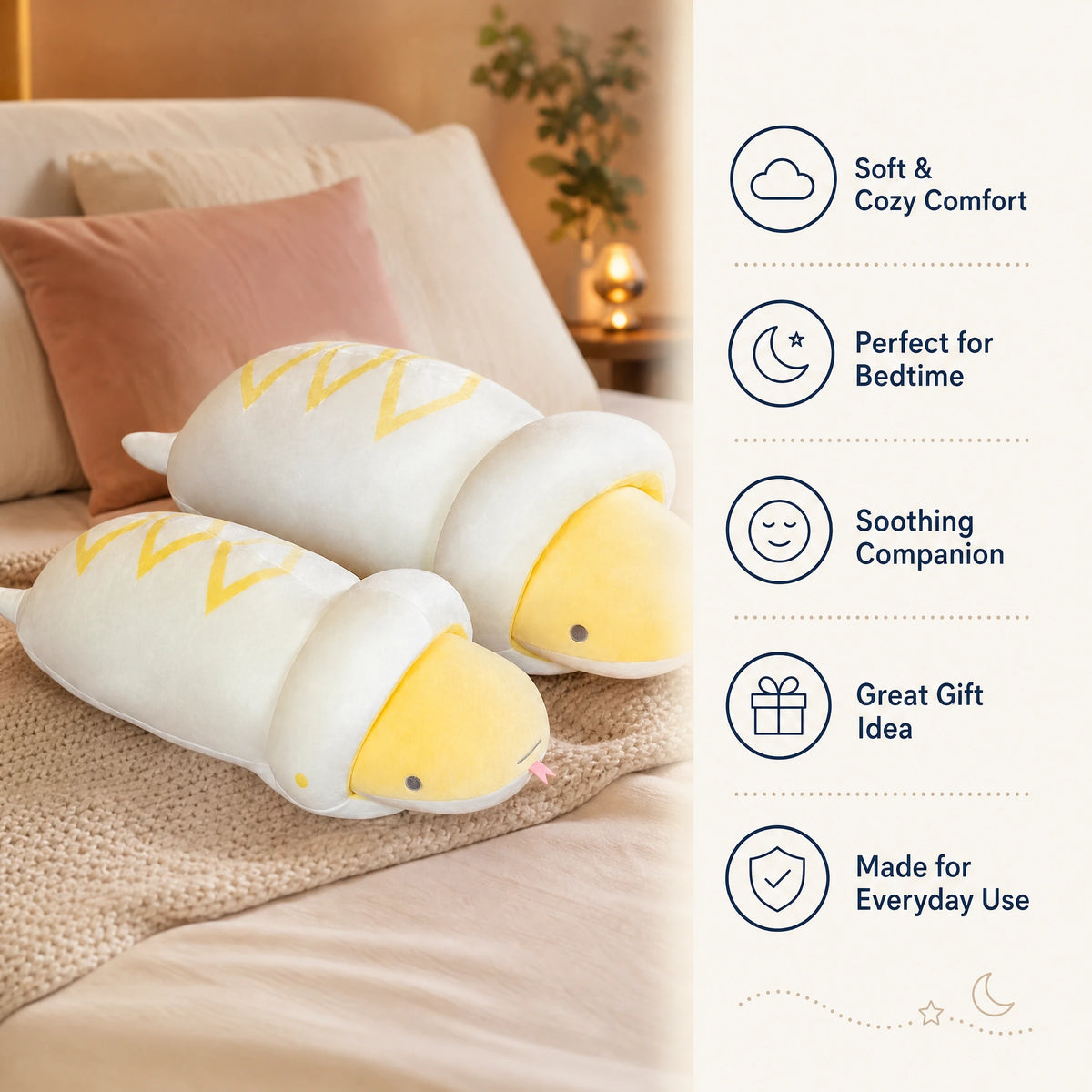 Snake Body Pillow with Yellow and White Design - Bénéfices produit