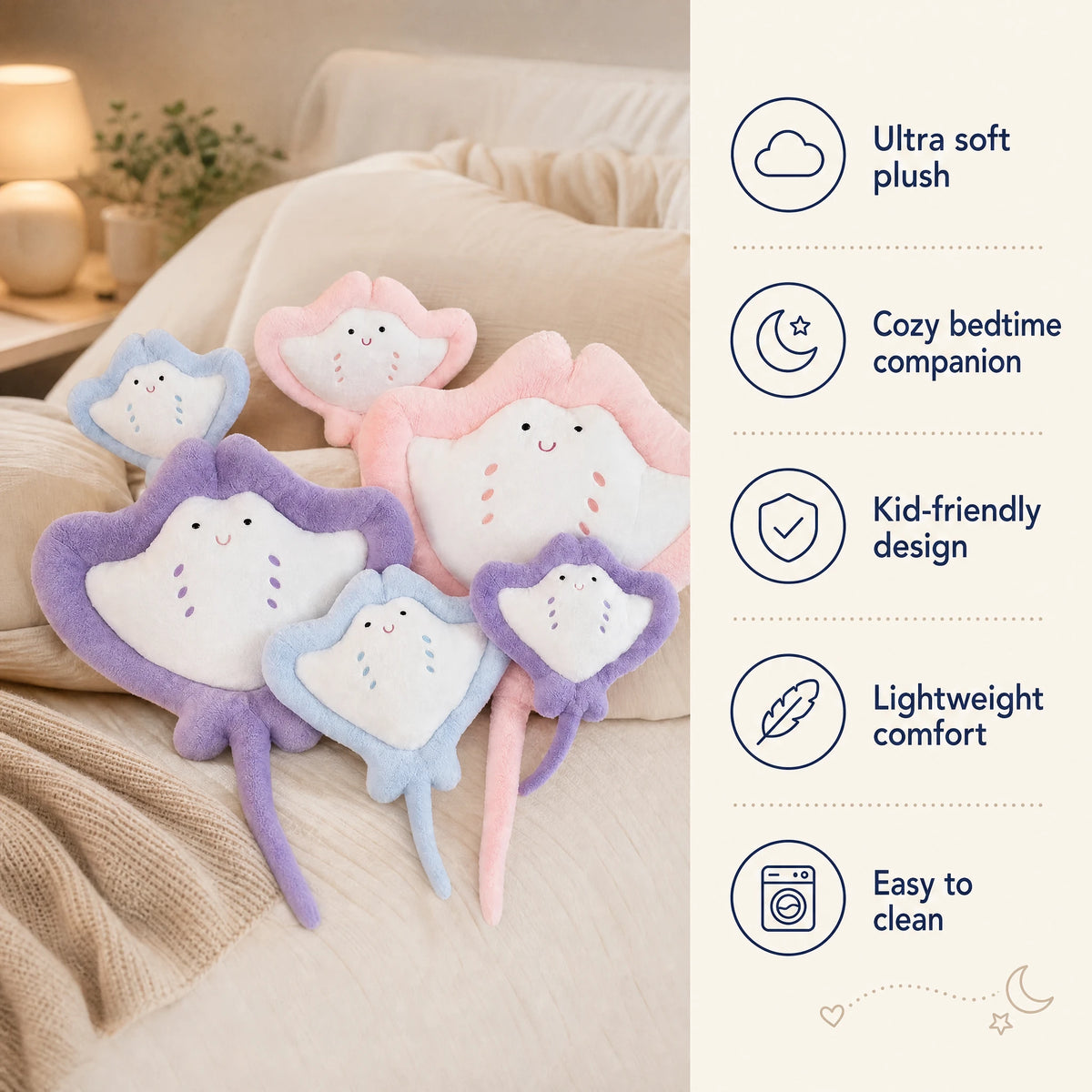 Stingray Plush with Soft Pastel Design and Long Tail - Bénéfices produit