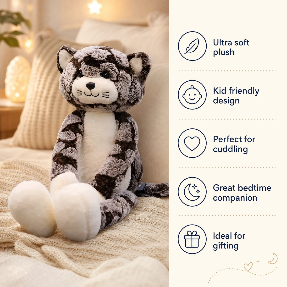 Striped Cat Plush with Long Soft Legs - Bénéfices produit