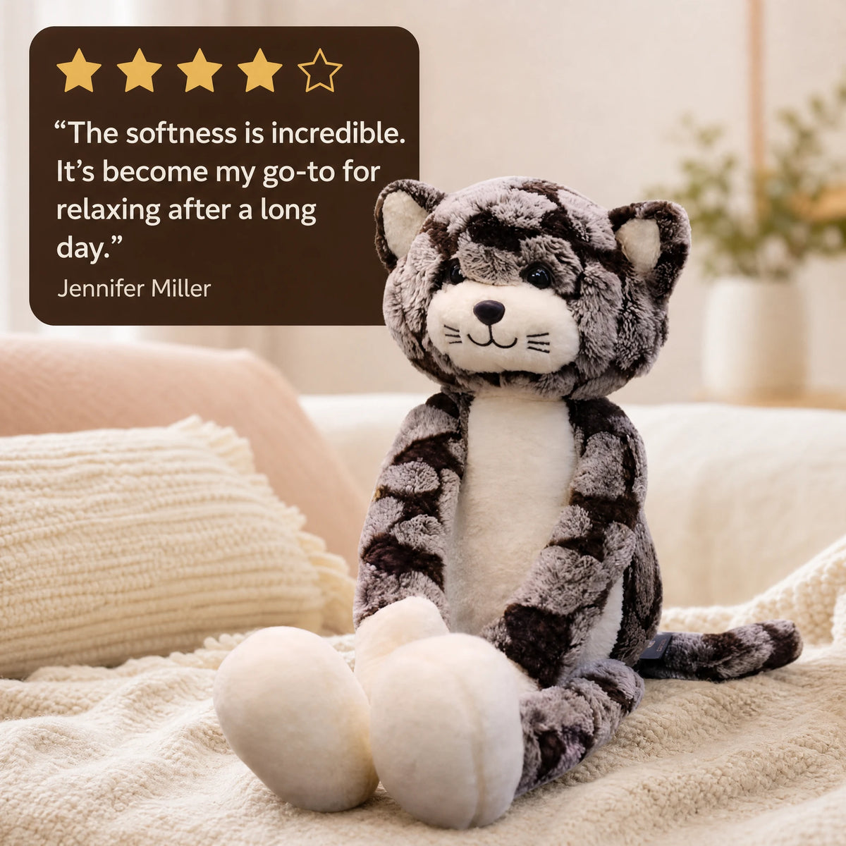 Striped Cat Plush with Long Soft Legs - Image témoignage