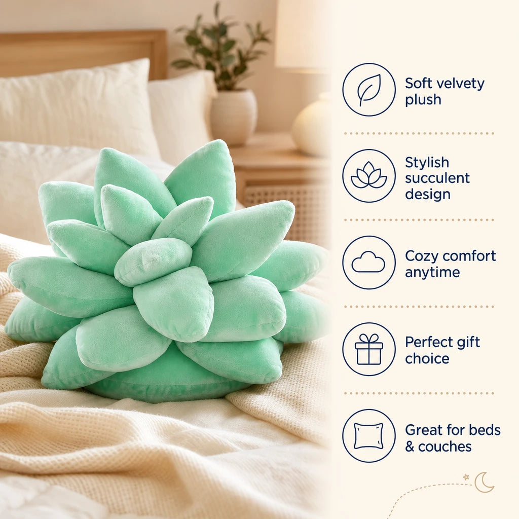 Succulent Plush Pillow in Mint Green with 3D Petals - Bénéfices produit