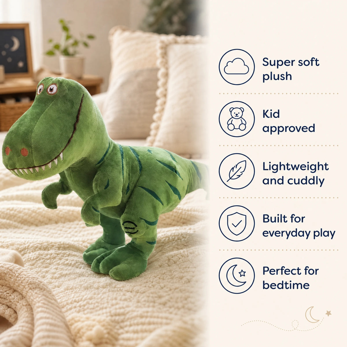 T-Rex Plush with Friendly Smile and Standing Pose - Bénéfices produit