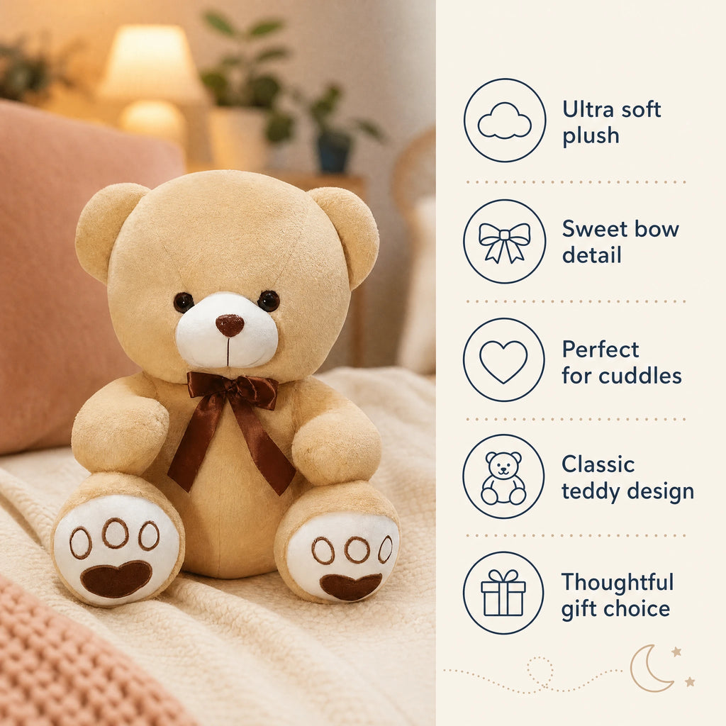Teddy Bear Plush in Soft Beige with Brown Ribbon - Bénéfices produit