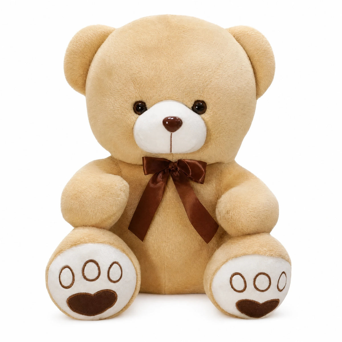 Teddy Bear Plush in Soft Beige with Brown Ribbon - Fond blanc