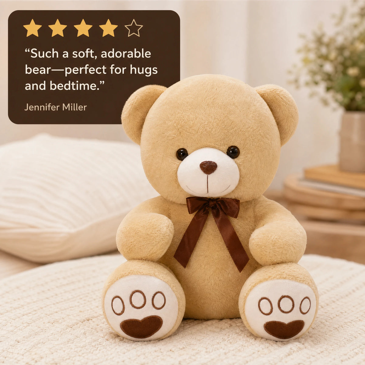 Teddy Bear Plush in Soft Beige with Brown Ribbon - Image témoignage
