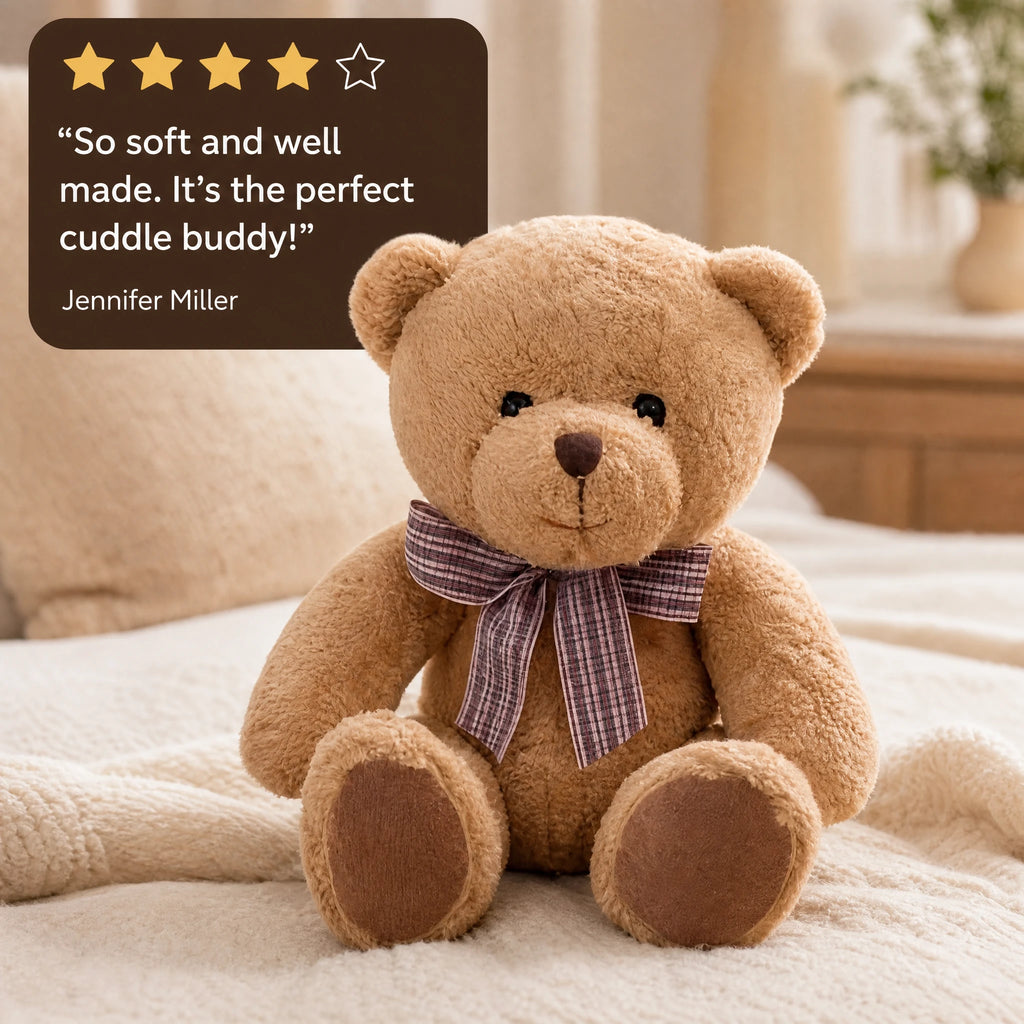 Teddy Bear Plush with Checkered Bow Tie - Soft Cotton - Image témoignage