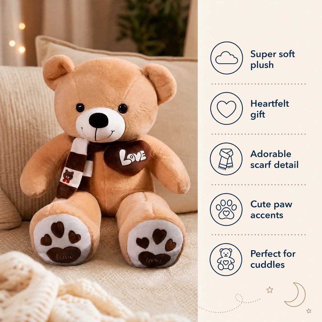 Teddy Bear Plush with Love Heart and Striped Scarf - Bénéfices produit