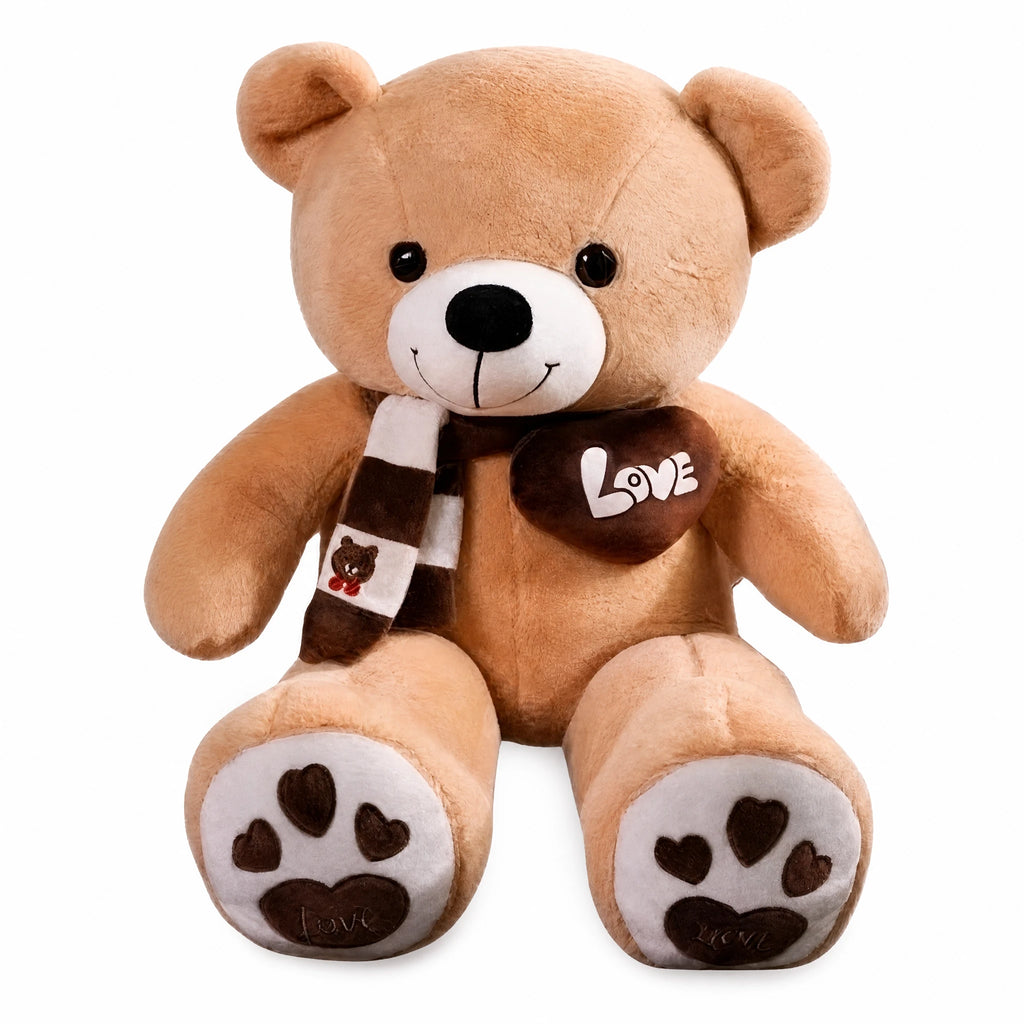 Teddy Bear Plush with Love Heart and Striped Scarf - Fond blanc