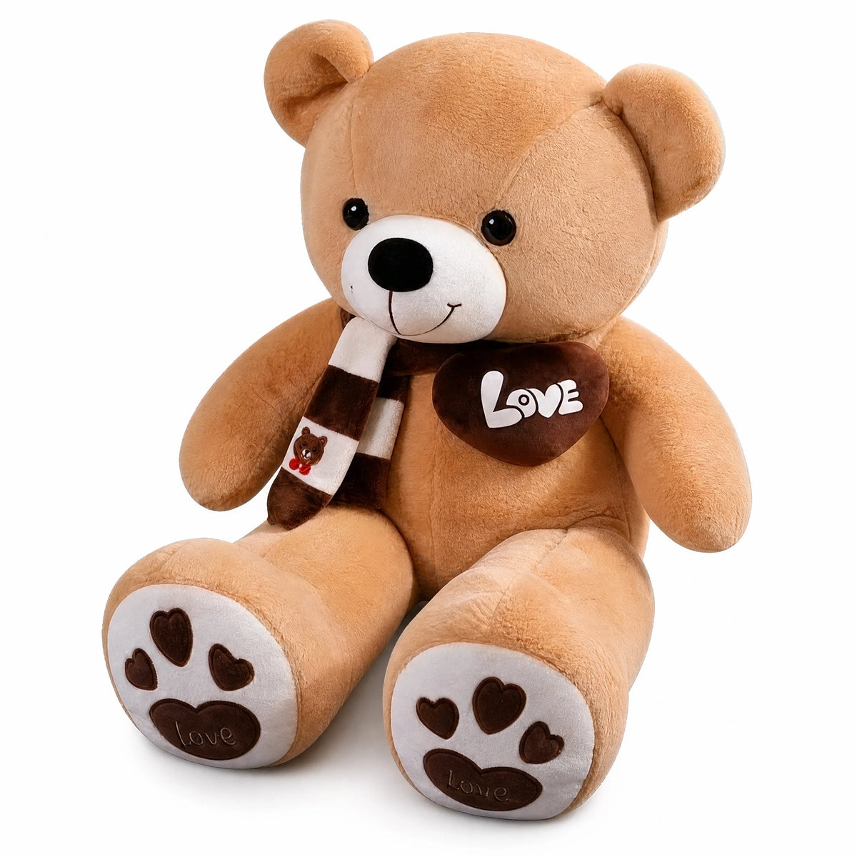 Teddy Bear Plush with Love Heart and Striped Scarf - Fond blanc, autre angle