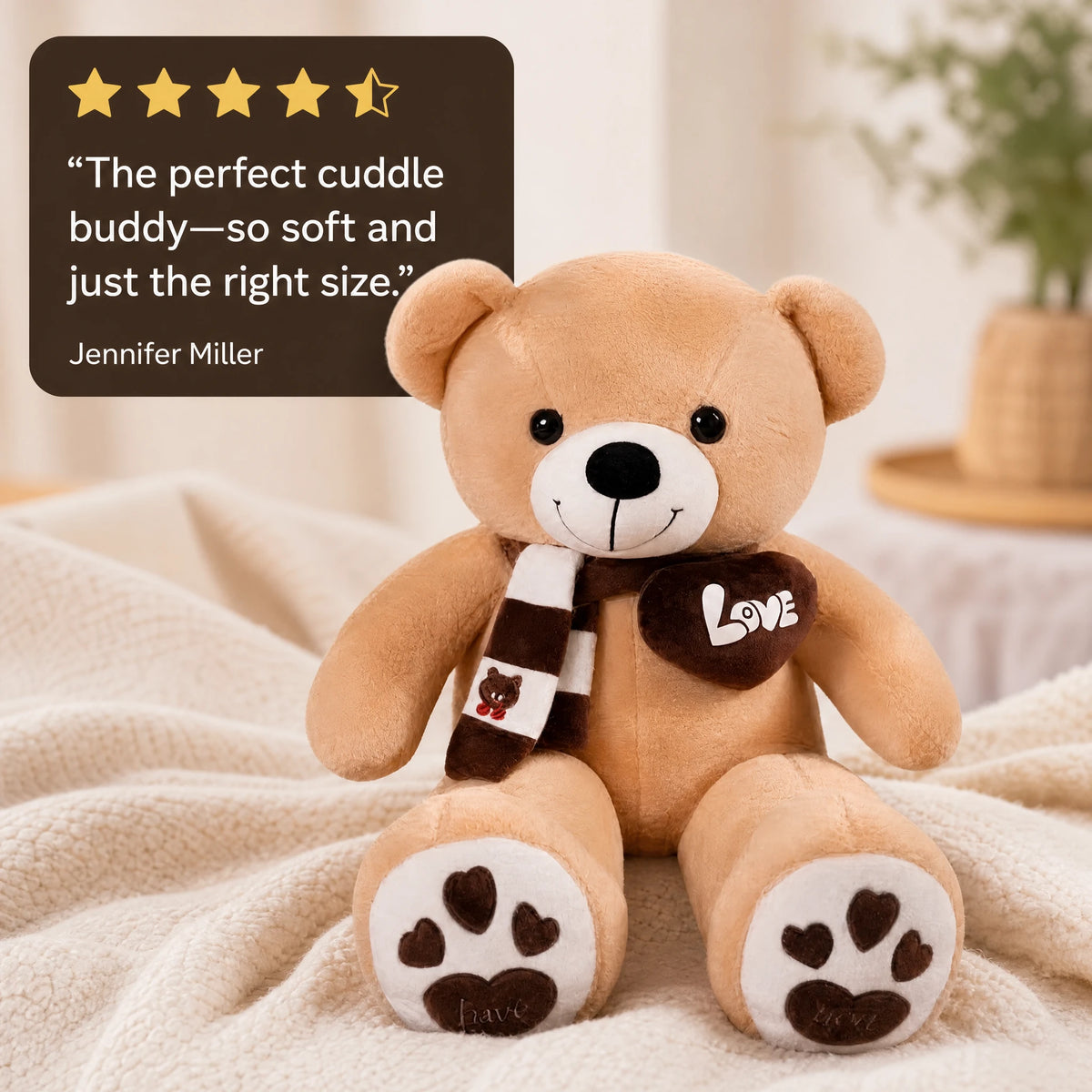 Teddy Bear Plush with Love Heart and Striped Scarf - Image témoignage