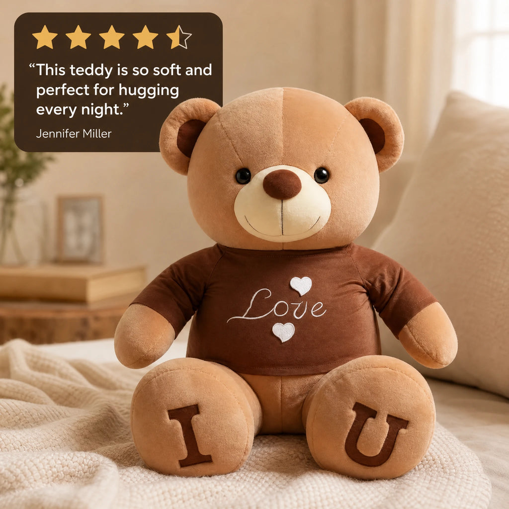 Teddy Bear Plush with Love T-Shirt and I U Paw Print - Image témoignage