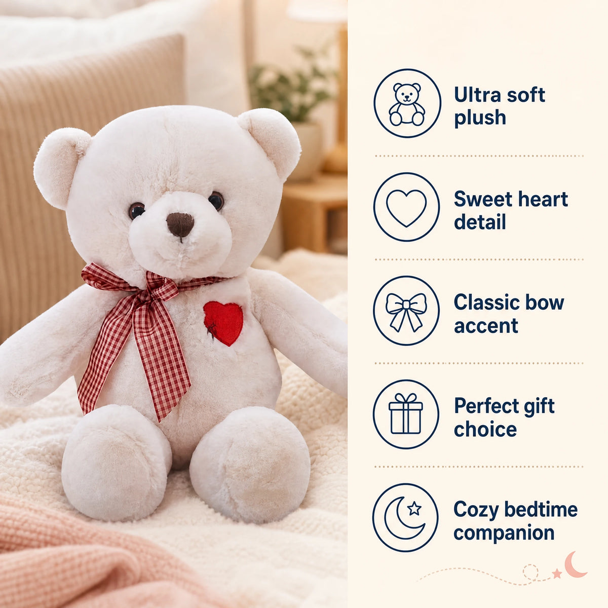 Teddy Bear Plush with Red Heart and Gingham Ribbon - Bénéfices produit