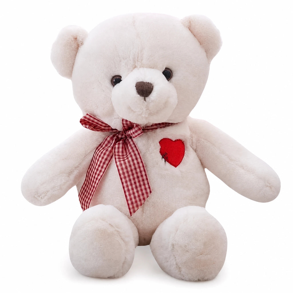 Teddy Bear Plush with Red Heart and Gingham Ribbon - Fond blanc
