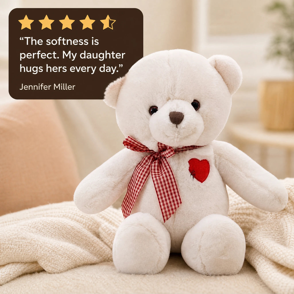 Teddy Bear Plush with Red Heart and Gingham Ribbon - Image témoignage