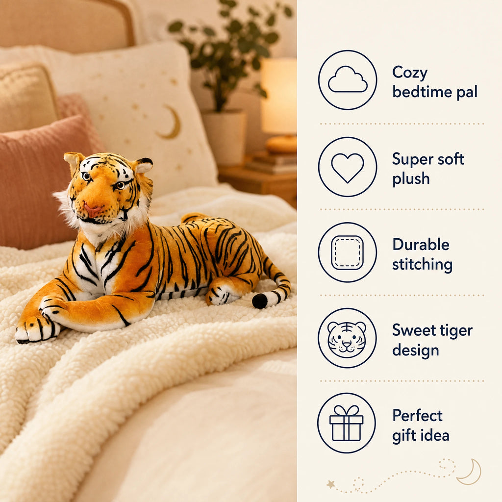 Tiger Plush Pillow in Reclining Pose with Orange Stripes - Bénéfices produit