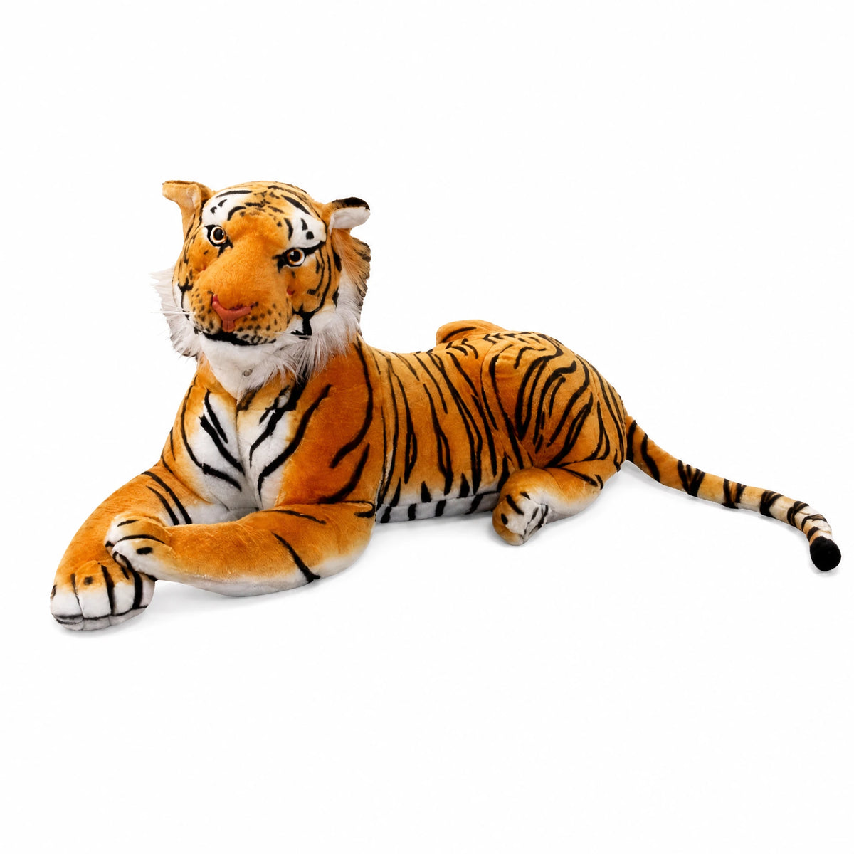 Tiger Plush Pillow in Reclining Pose with Orange Stripes - Fond blanc