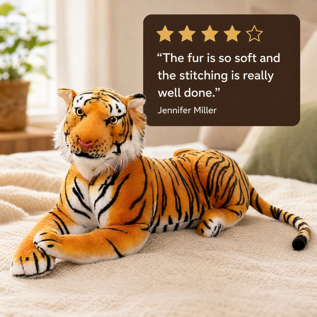 Tiger Plush Pillow in Reclining Pose with Orange Stripes - Image témoignage